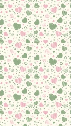 a white background with many hearts and dots on the bottom, one is green and pink