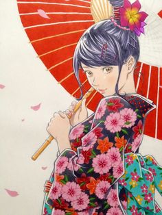 a drawing of a woman in kimono holding an umbrella and looking at the ground