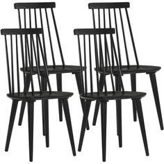 six black chairs with wooden legs and one has a seat that is bent to the side