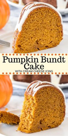 pumpkin bundt cake with cream cheese icing is cut into slices and sits on a white plate