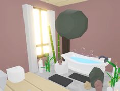 a bathroom with a large white bath tub sitting next to a bamboo tree in the corner