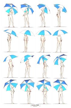 a woman with an umbrella poses for the camera in various positions to take her own picture