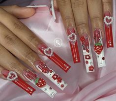 Baps Inspired Nails, Gel X Hello Kitty, Red Hello Kitty Nails Acrylic, Long Square Acrylic Nails Hello Kitty, Pearl Placement On Nails, Nail Ideas Y2k Long Pink, Y2k Long Acrylic Nails, Long Square Acrylic Nails Y2k, Curved Valentine Nails