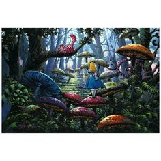 a painting of alice in the woods surrounded by mushrooms