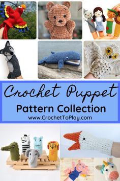 the crochet project pattern collection includes many different animals and people in knitted clothing