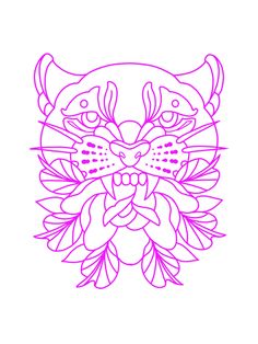 an outline drawing of a cat's face with leaves around its neck and eyes