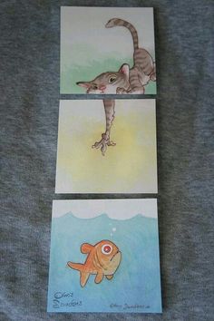 three cards with pictures of cats and fish in them on a gray t - shirt