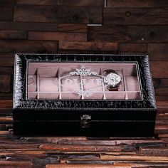 Black Engraved Glass Top Faux Leather Watch Box - Christmas Day Gifts Personalized Watch Box, Watch Box For Men, Personalized Watch, Mens Watch Box, Leather Watch Box, Personalized Watches, Crocodile Leather, Watch Box, Leather Journal