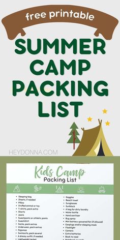 the summer camp packing list is shown in green and white, with an image of a tent