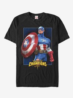 The Collector is asking you to find the best fighter and put it up against the Marvel Contest of Champions Captain America Men's T-Shirt. Steve Rogers is portrayed with his shield above the video game name "Contest of Champions" on this cool Marvel shirt. Cool Marvel, Marvel Contest Of Champions, Captain America Poster, Puzzle Quest, Captain America T Shirt, Marvel Puzzle, Captain America Tshirt, Captain America Shirt, Contest Of Champions