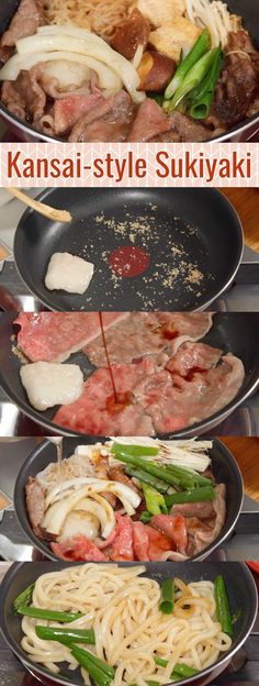 three pans with different types of food cooking in them and the words kansai - style sukiyaki