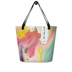 "This listing is for a large tote bag printed with one of my original acrylic paintings.  * 100% polyester * Maximum weight limit - 44lbs (20kg) * Large inside pocket * Comfortable cotton webbing handles * Vibrant colors that won't fade * 16\" x 20\"" Artsy Summer Bags, Artistic Summer Tote Shoulder Bag, Artistic Rectangular Summer Bag, Artwork Tote Bag For Artistic Expression, Multicolor Hand Painted Tote Bag, Artistic Rectangular Canvas Bag For Summer, Artistic Summer Canvas Tote Bag, Artistic Multicolor Canvas Tote Bag, Artistic Summer Shoulder Bag