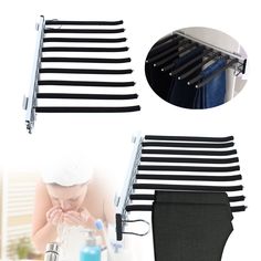 there is a black and white striped towel rack