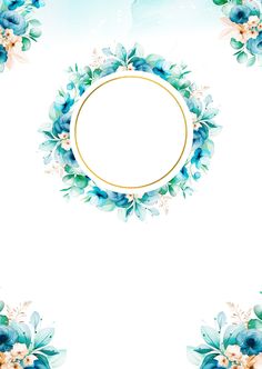 a white background with blue flowers and a gold circle in the center, surrounded by green leaves