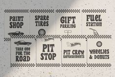 several stickers on the side of a wall that say, spare tires, pit crew, wheelies and tires