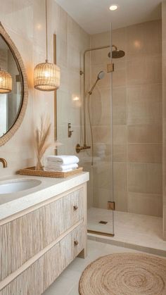 a bathroom with a sink, mirror and shower