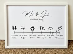 a white framed wedding guest sign with the date and time printed in black on it