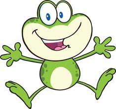 a cartoon green frog with big eyes and arms stretched out to the side, smiling