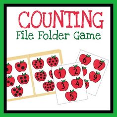 the counting file folder game is filled with red apples and numbers on green paper, next to two matching cards