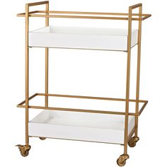 a gold and white bar cart with two trays on it's wheels,