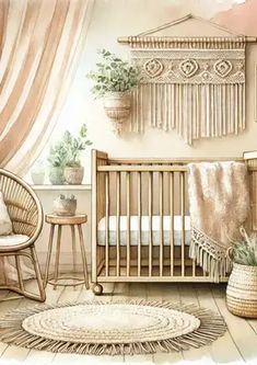 a baby's room with a crib, rocking chair and potted plant