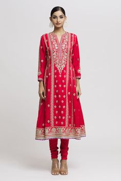 Red anarkali with contrasting floret embroidery. Comes with churidar and embroidered dupatta. - Aza Fashions Red Anarkali Set For Reception During Eid, Traditional Churidar With Resham Embroidery For Reception, Designer Red Salwar Kameez With Cutdana, Red Anarkali Set With Cutdana In Traditional Drape, Red Semi-stitched Anarkali Set With Cutdana, Traditional Straight Kurta Churidar For Reception, Red Cutdana Anarkali Set For Eid, Red Anarkali Set With Dupatta For Reception, Red Kurta For Reception In Transitional Season