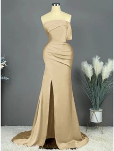 A-Line Evening Gown Elegant Cape Dress Formal Wedding Guest Sweep / Brush Train Sleeveless Square Neck Stretch Fabric with Pleats Ruched Beige Sleeveless Gown For Wedding, Beige Sleeveless Evening Gown, Dress Formal Wedding Guest, Elegant Cape, Occasion Dresses Wedding Guest, Gown Elegant, Formal Wedding Guests, Cheap Evening Dresses, Dresses Formal Elegant