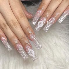 Clear Design Acrylic Nails, Clear Nails Acrylic, Clear Acrylic Nails With Design, Nail Ideas Y2k Long, Nail Ideas Y2k, Pink Y2k Nails, Quinceanera Nails, Silver Nail Designs, Clear Acrylic Nails