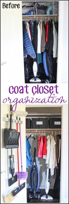 an open closet with clothes and umbrellas hanging on the rack, and another view of coat closet organization