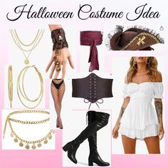 an image of halloween costume ideas for women in white and brown colors, including corsets