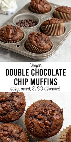 vegan double chocolate chip muffins in a muffin tin with text overlay