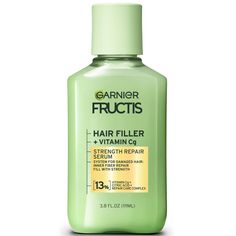 Garnier Fructis Hair Filler Strength Repair Sulfate-Free Hair Serum, formulated to fill weak, damaged hair adding strength with Vitamin Cg + Citric Acid + Damaged Hair Repair Care Complex. Inner Transformation: Repairs and strengthens broken bonds deep in the cortex, hair fiber's inner layer with continuous use of system. Outer Transformation: Up to 79% stronger hair with up to 4x less breakage with use of system vs. non-conditioning shampoo. Visibly smooth and healthy-looking hair. Bottle is ma Garnier Products, Hair Filler, Broken Bonds, Serum Hair, Hair Repair Treatments, Garnier Fructis, Hyaluronic Serum, Leaping Bunny, Hair Locks