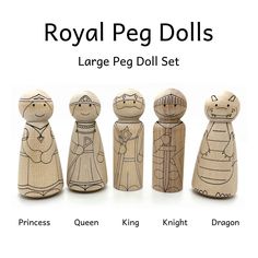 the wooden peg dolls are lined up in a row with their names written below them