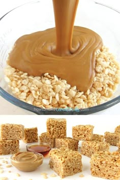 peanut butter and oatmeal bars are being poured into a glass bowl with peanut butter on top