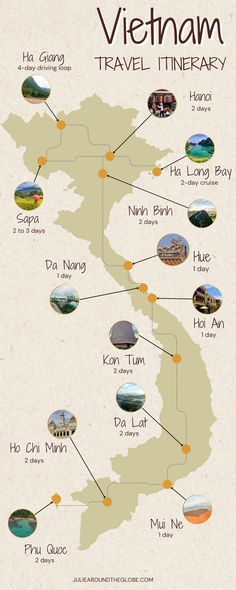 the vietnam travel info sheet is shown in green and brown colors, with different destinations on it