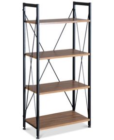 an industrial style shelving unit with wooden shelves and black metal frame, isolated against a white background