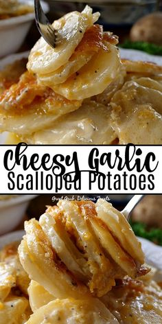 two pictures of cheesey garlic scalloped potatoes on a plate with a fork