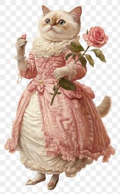 a cat wearing a pink dress holding a rose in its hand, transparent background png