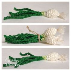 crocheted white flowers with green stems are shown in three different views, one is made from yarn and the other is knitted