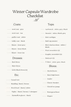 Winter 2023 Wardrobe, Winter Shopping List Clothes, Winter Clothing Essentials Women, Winter Basics Wardrobe 2023, Winter Wardrobe Essentials 2023, Winter Capsule Wardrobe Checklist, Winter Clothes List, Winter Essentials Clothes Women 2023, Non Basic Winter Outfits