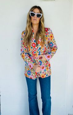 Flower power blazer | Etsy Chic Printed Fall Blazer, Chic Printed Blazer For Fall, Chic Printed Spring Blazer, Multicolor Printed Blazer For Spring, Printed Long Sleeve Blazer For Fall, Chic Floral Print Fall Blazer, Multicolor Fall Blazer With Lapel Collar, Fall Multicolor Printed Blazer, Fall Printed Multicolor Blazer