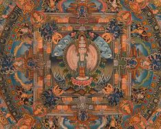 an intricately designed tapestry with buddha images on it