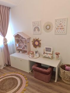 a child's room with toys and decorations on the wall