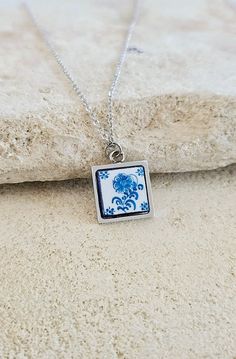 DELFT Flower Tile Pendant Portuguese Blue White Small Tile - Etsy Blue Square Necklace For Gifts, Blue Square Necklace For Gift, Blue Square Necklace Perfect For Gifts, Tile Necklace, Painted Tile, Animals And Nature, Turkish Tiles, Delft Tiles, Flower Tile