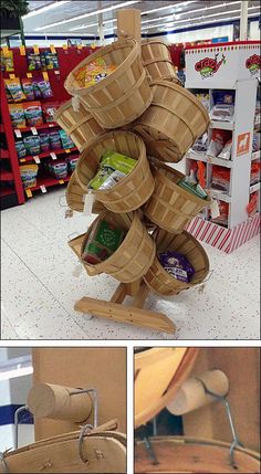 several pictures of different items in a store, including a wooden sleigh and baskets