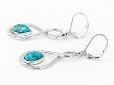 9x6mm pear shape turquoise cabochon, rhodium over sterling silver earrings. Measure approximately 1.80"L x .62"W. Lever back closure. Formal Teardrop Turquoise Jewelry, Formal Turquoise Teardrop Jewelry, Modern Teardrop Turquoise Jewelry, Silver Dangle Earrings, Broken Chain, Pearl Strands, Kingman Turquoise, December Birthstone, Silver Earrings Dangle