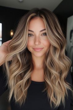 Woman with wavy blonde hair smiles while looking at the camera. Hair Color Inspo Balyage, Textured Brunette Hair, Blonde To Brown Hair Color, Boliage Hair Dark Brown Natural, Honey Blonde On Brunette Hair, Women’s Fall Hair Color Ideas, Hair Ideas For Blondes For Fall, Brown Hair With A Lot Of Blonde Highlights, Brown Roots With Blonde Ends