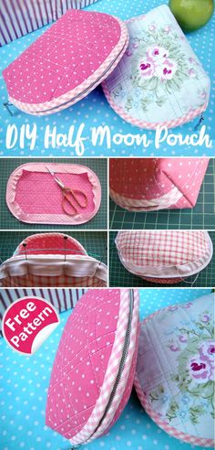 DIY Halfmoon Zip Pouch Clamshell Bag Pattern, Shell Bag Diy, Clam Bag Pattern Free, Half Moon Bag Pattern, Diy Coin Purse Tutorial, Cosmetic Bag Tutorial, Diy Pouch No Zipper