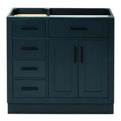 an image of a bathroom vanity with drawers and cabinets on the bottom shelf in dark blue