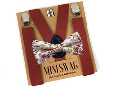 "Your guy will be the talk of the evening when he arrives sporting this beautiful mauve cinnamon floral bow tie and cinnamon suspenders!  This set is perfect for a ring bearer outfit, page boy wedding outfit, cake smash or family photo shoot!  This print also comes in an adult necktie and pocket square.  It coordinates with so many popular wedding colors; like spice, terracotta, and sienna! The fully adjustable cinnamon suspenders come in multiple sizes are made with extremely stretchable elasti Wedding Outfit For Boys, Popular Wedding Colors, Bearer Outfit, Ring Bearer Outfit, Bowtie And Suspenders, Floral Bow Tie, Suspenders Set, Kids Bow Ties, Ring Bearer